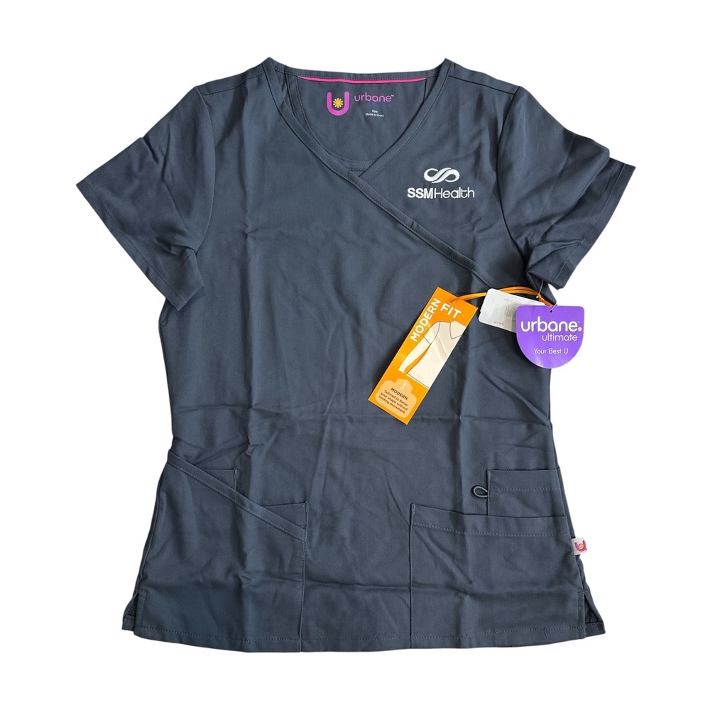 Urbane Ultimate Scrub Top Womens XS Grey SSM‎ Health Logo Modern Fit V-Neck NWT